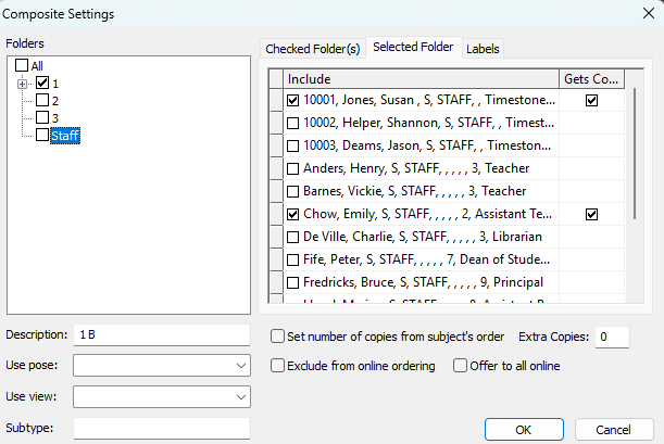 Composite settings window displaying folder options and selected staff members for printing.