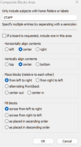Settings menu for aligning and placing blocks in a composite layout.