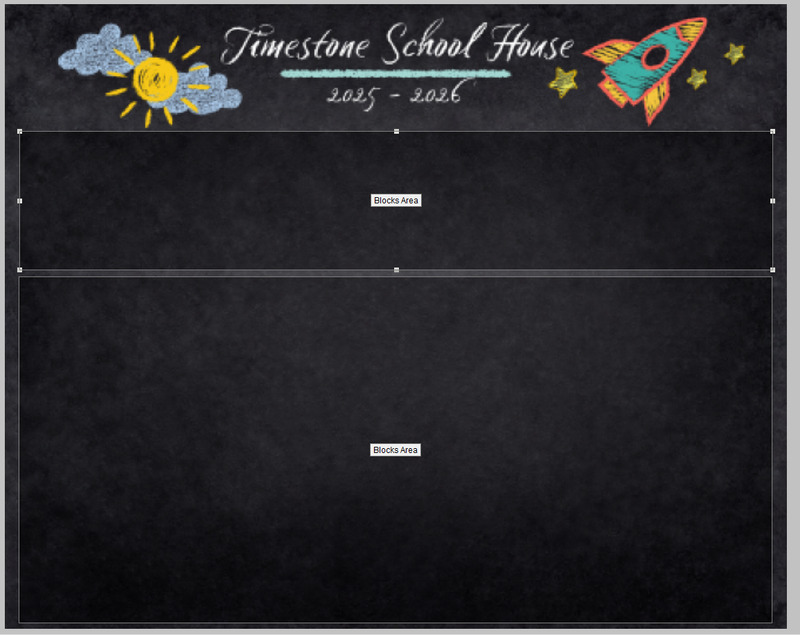 A chalkboard design for Timestone School House, featuring a rocket and sun illustrations.
