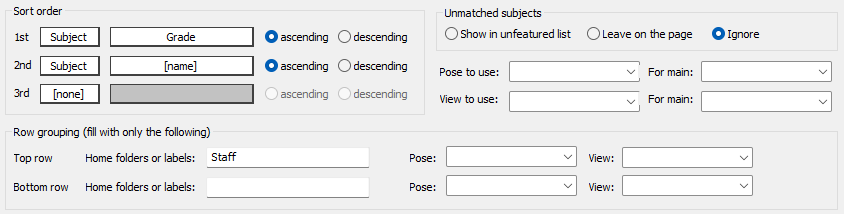 Settings for sorting and grouping subjects in a data management interface.