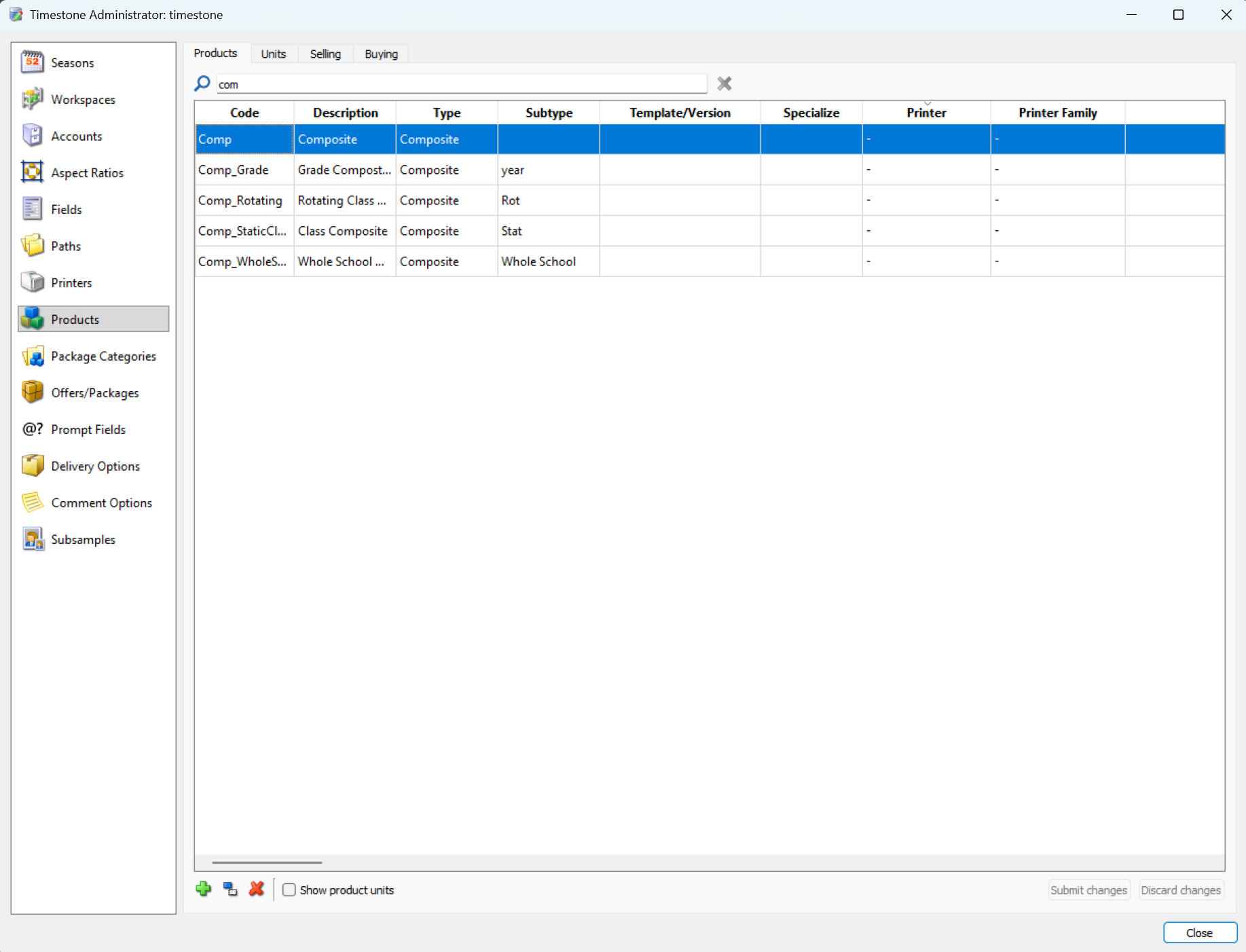 Timestone Administrator interface displaying product details and categories for management.