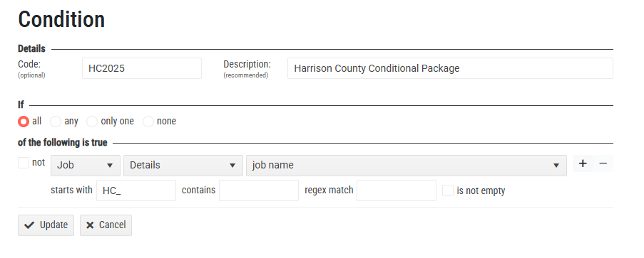 Form displaying conditions for job details with specific criteria for filtering.