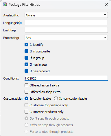 Package filter options with customizable settings and conditions for product selection.