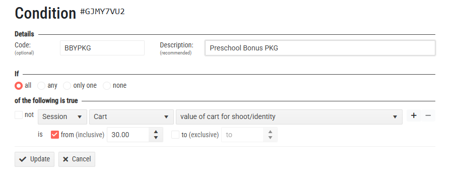 Condition settings for Preschool Bonus PKG with cart value criteria specified.