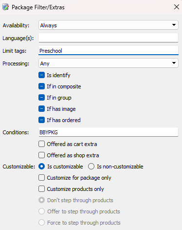 Package filter options for preschool customization settings and conditions displayed on screen.