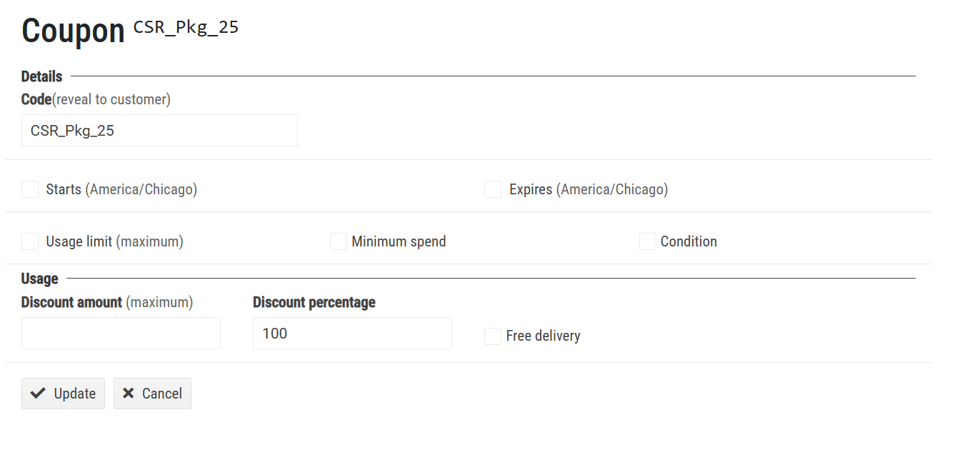 Coupon details including code, discount percentage, and usage conditions for customers.