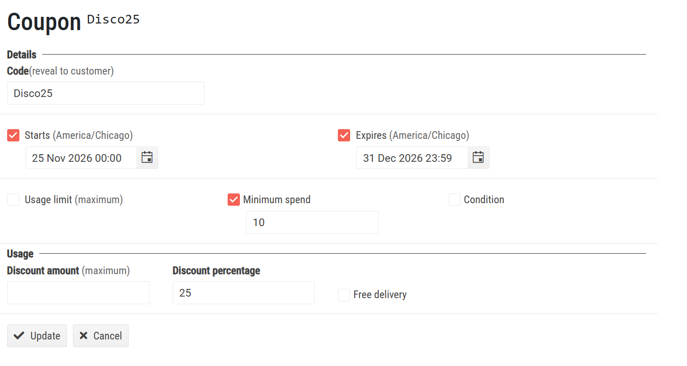 Coupon details including code, start and expiration dates, and discount information.