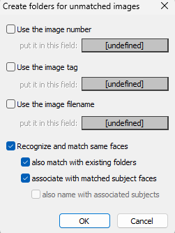 Settings window for creating folders for unmatched images with various options.
