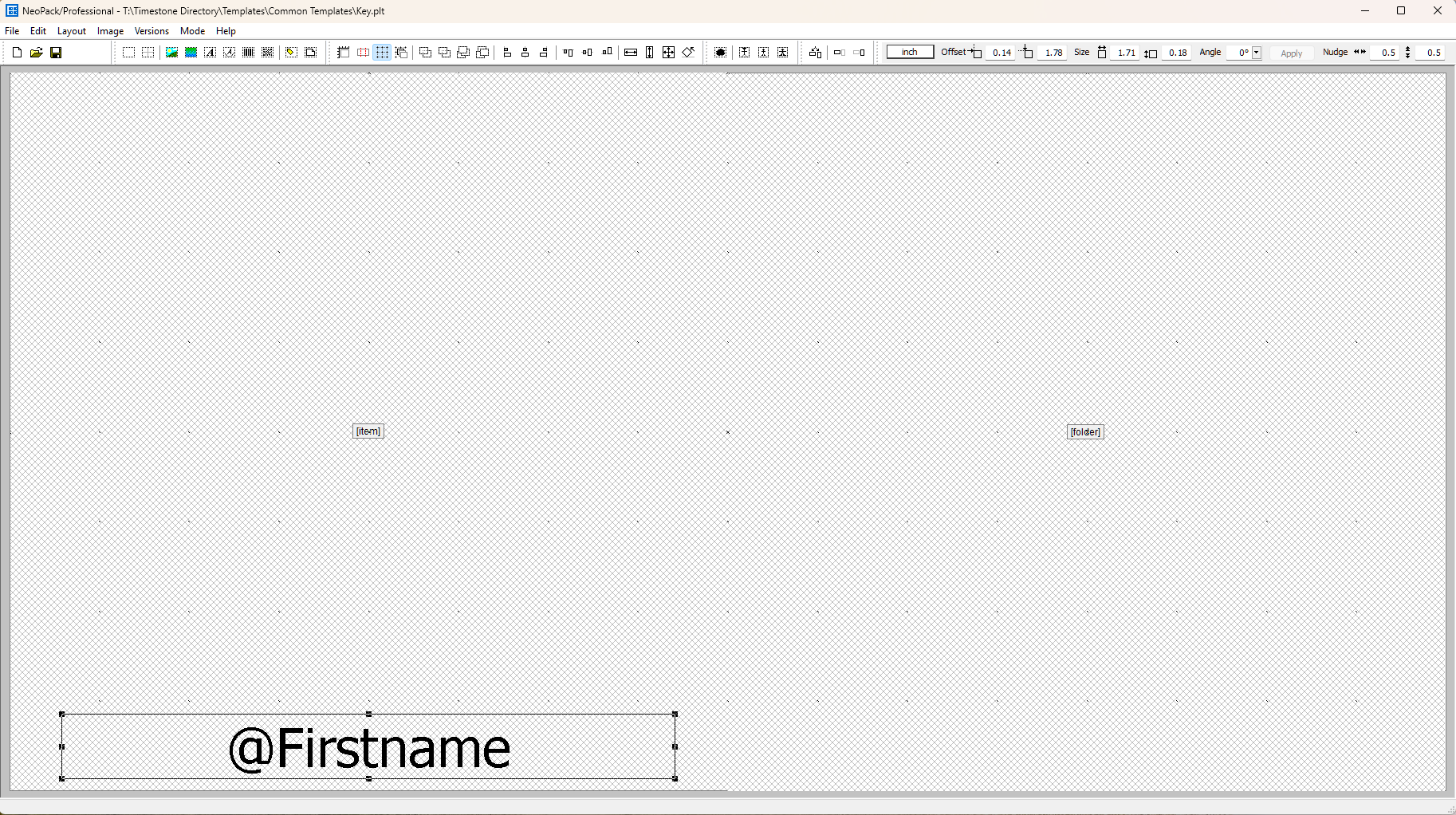 Template layout featuring placeholders for names and items in a design software interface.