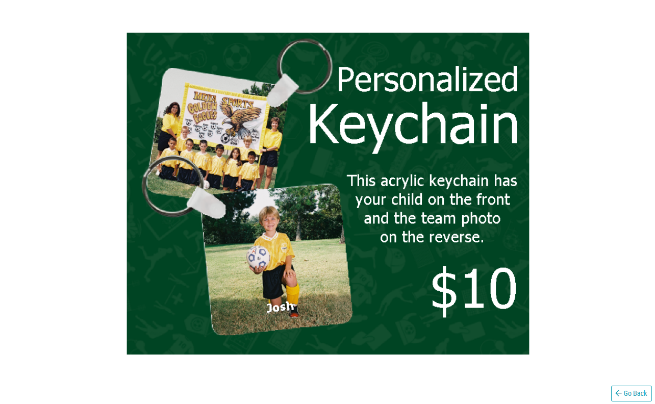 Personalized keychain featuring a child's photo and team picture, priced at $10.
