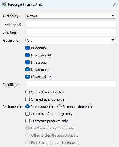 Settings for package filter options including availability, conditions, and customization features.