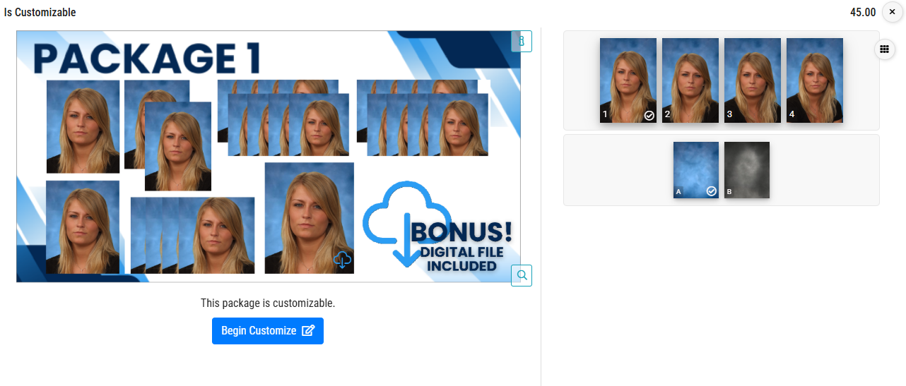 A customizable photo package featuring multiple images of a woman with various expressions.