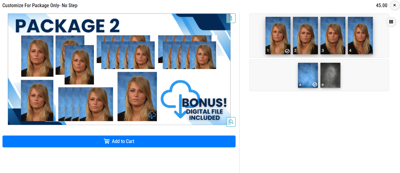 Photo package selection with multiple images and a bonus digital file offer.
