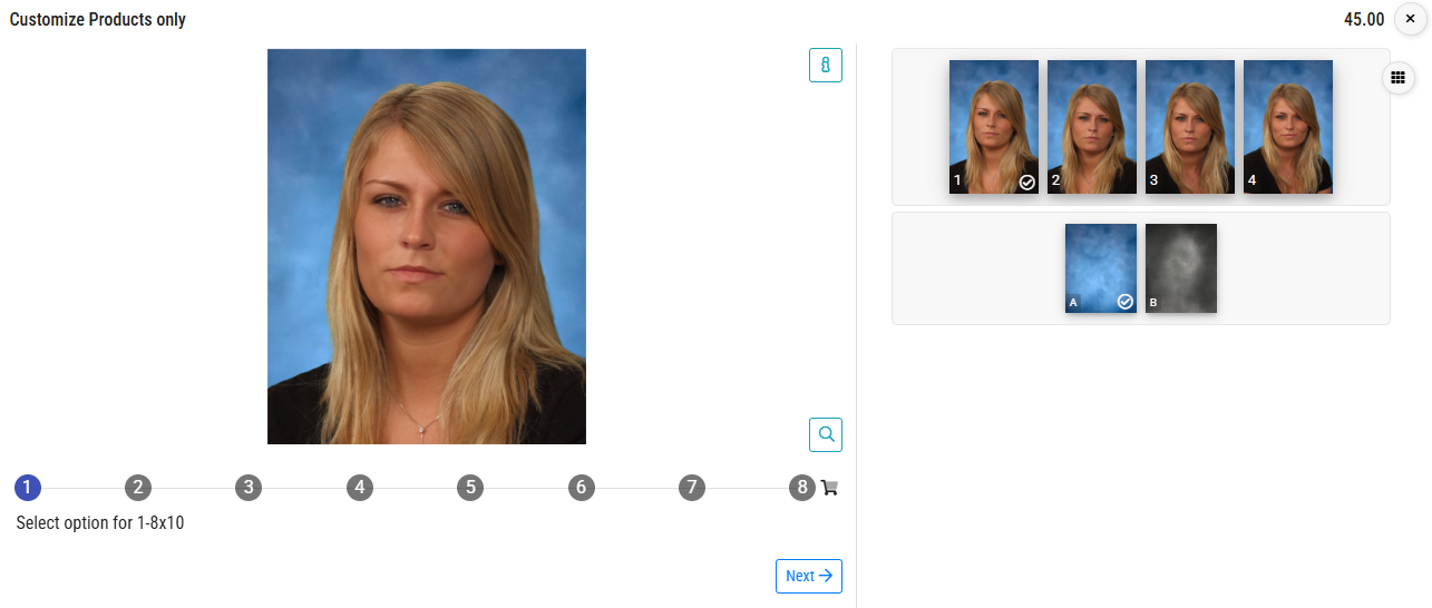 User interface for selecting photo options and backgrounds for customization.