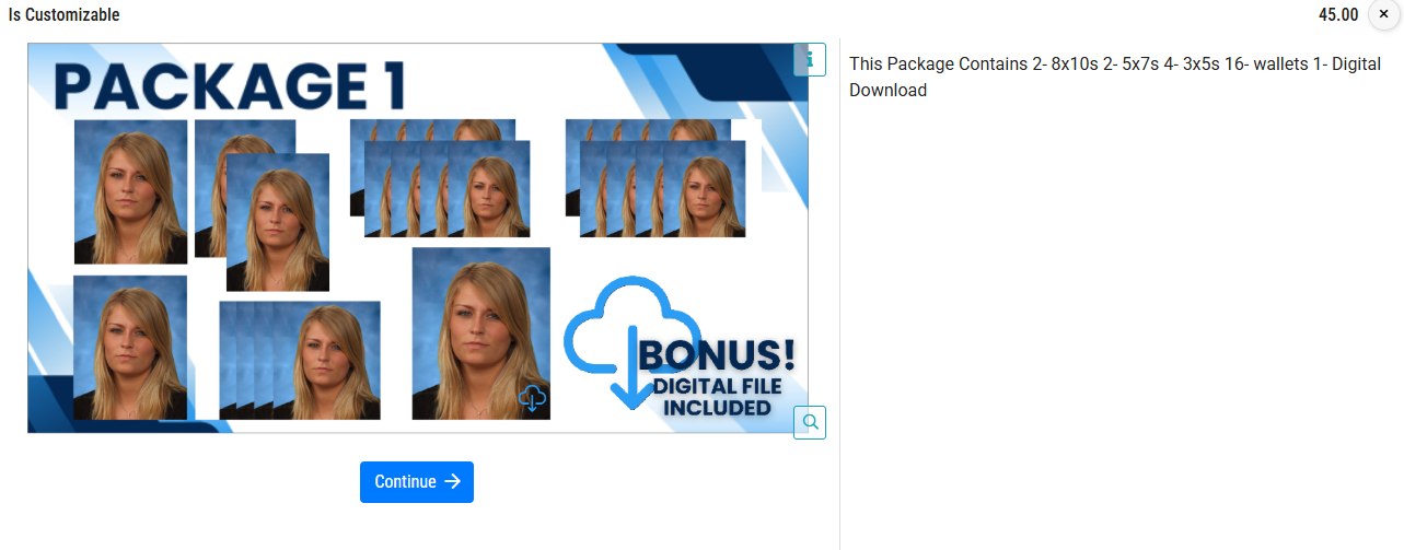 Package 1 includes various photo sizes and a digital download bonus.