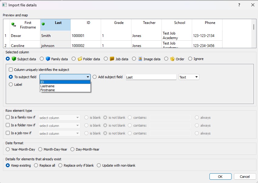 Import file details showing student data with highlighted subject field options.