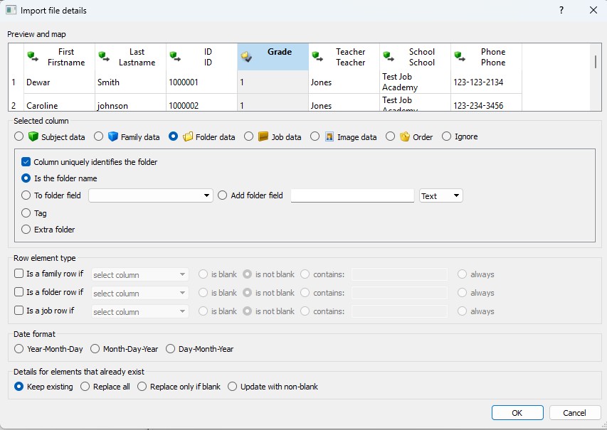 Import file details showing the folder creation options