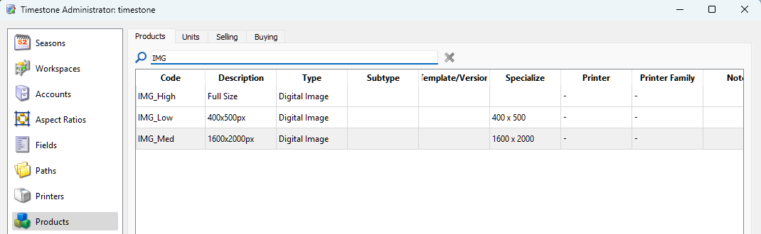 Timestone Administrator interface displaying digital image product details and specifications.