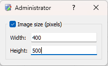 Administrator window displaying image size settings with width and height inputs.