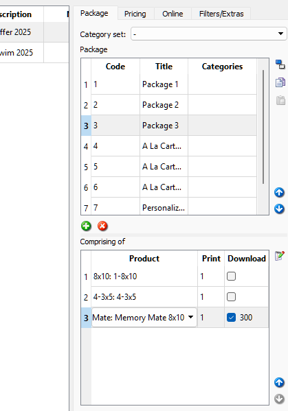 Overview of package options including titles, codes, and product details for selection.