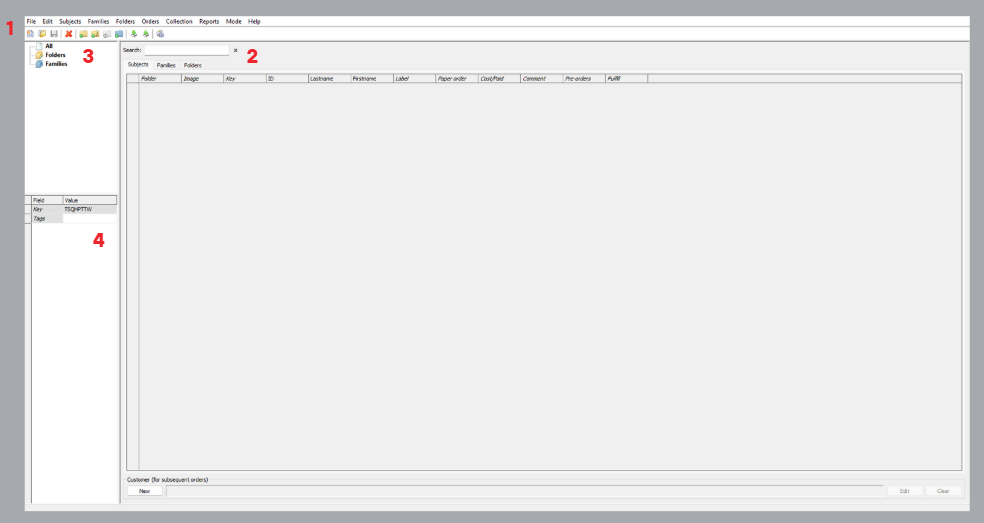 User interface displaying search fields and data table for managing subjects and families.