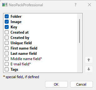 Options for selecting fields in NeoPackProfessional software interface, including Folder and Image.