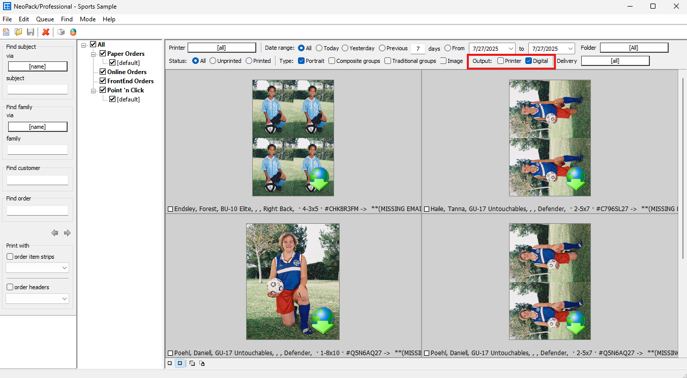 Image showing sports orders with player details and highlighted output options.