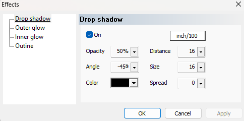 Settings for drop shadow effect including opacity, distance, angle, and size adjustments.