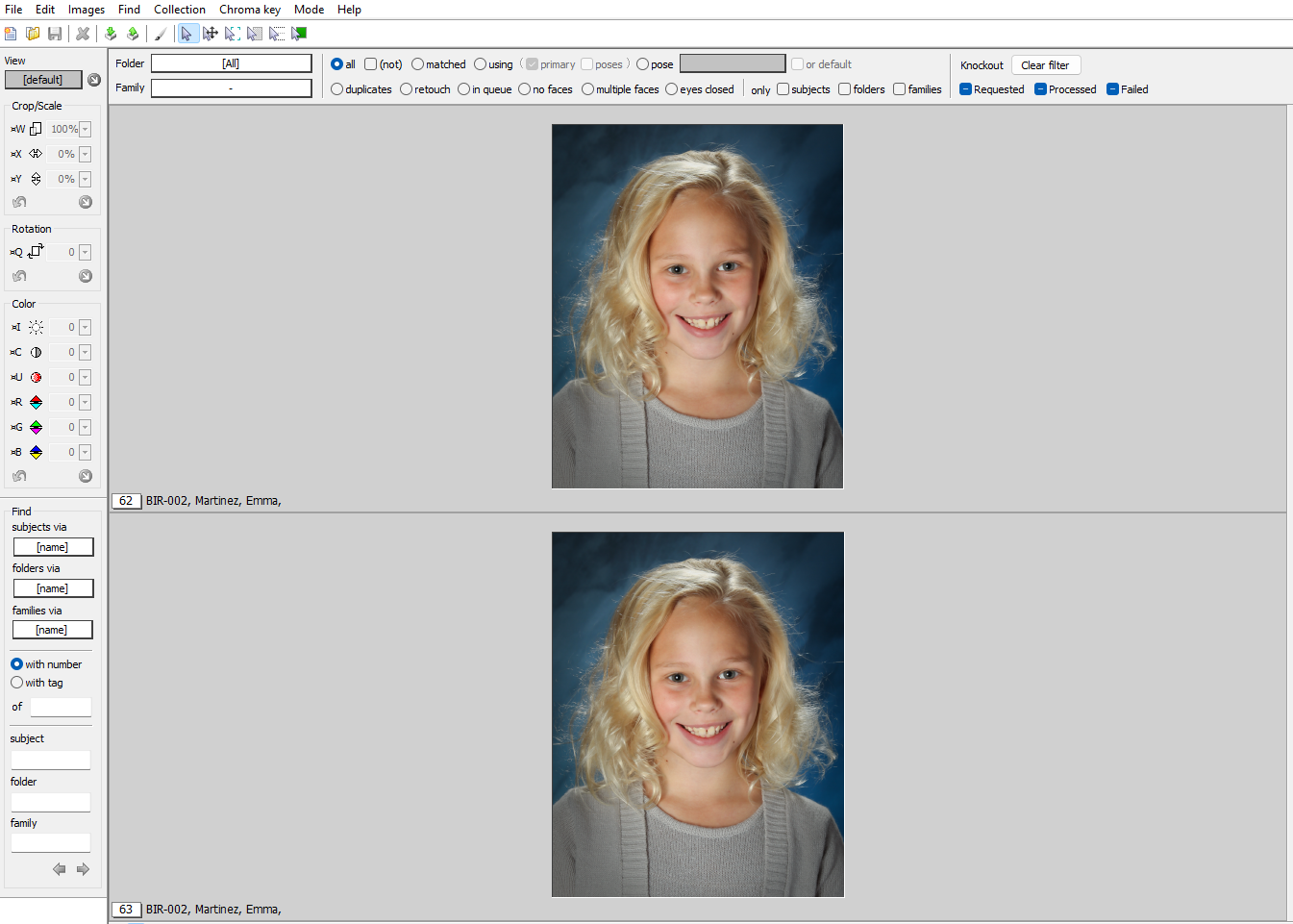 Two similar portraits of a girl with blonde hair and a gray sweater.