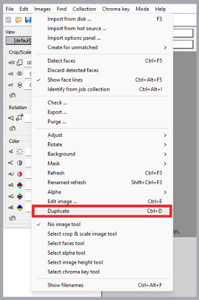Menu options in software with 'Duplicate' highlighted for easy access.