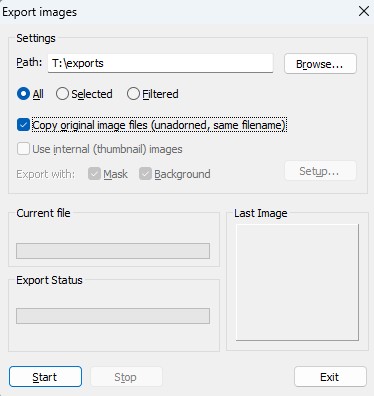 Settings window for exporting images with options for file path, image selections, and export status.