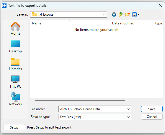 File export window showing options to save a text file with specific details.
