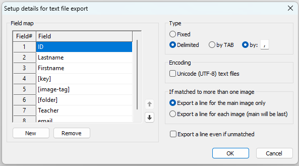 Setup details for text file export with field mapping options displayed on the screen.