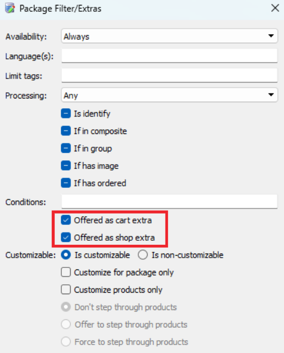 Settings for package filter with options for cart and shop extras selected.