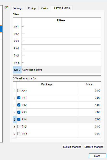 Filters and pricing options for various packages in a software interface.
