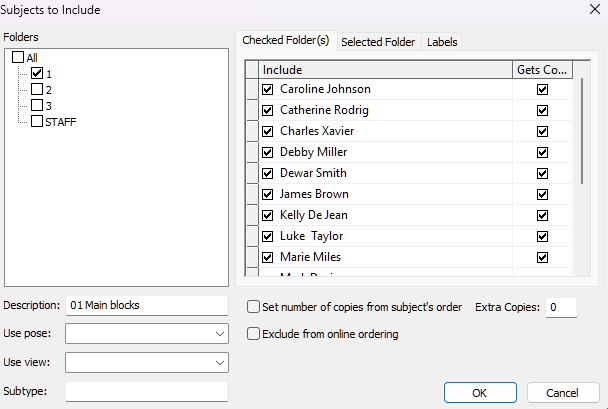 List of subjects to include with checkboxes for selection in a software interface.