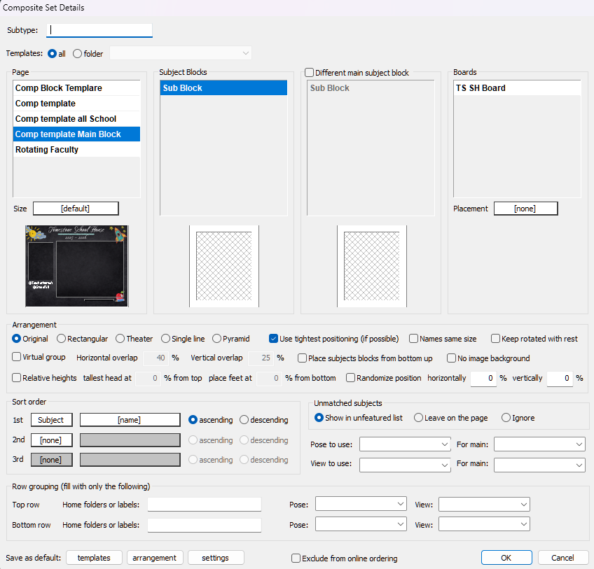 Composite set details for templates, arrangement, and subject blocks in a software interface.