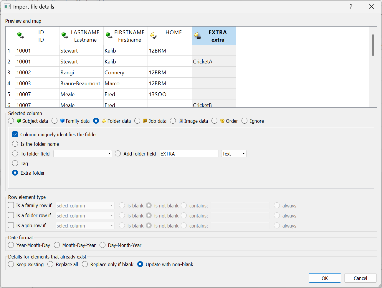 Mapping the Extra folder column