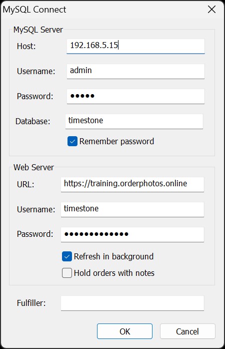 The connect window when launching Fulfill.