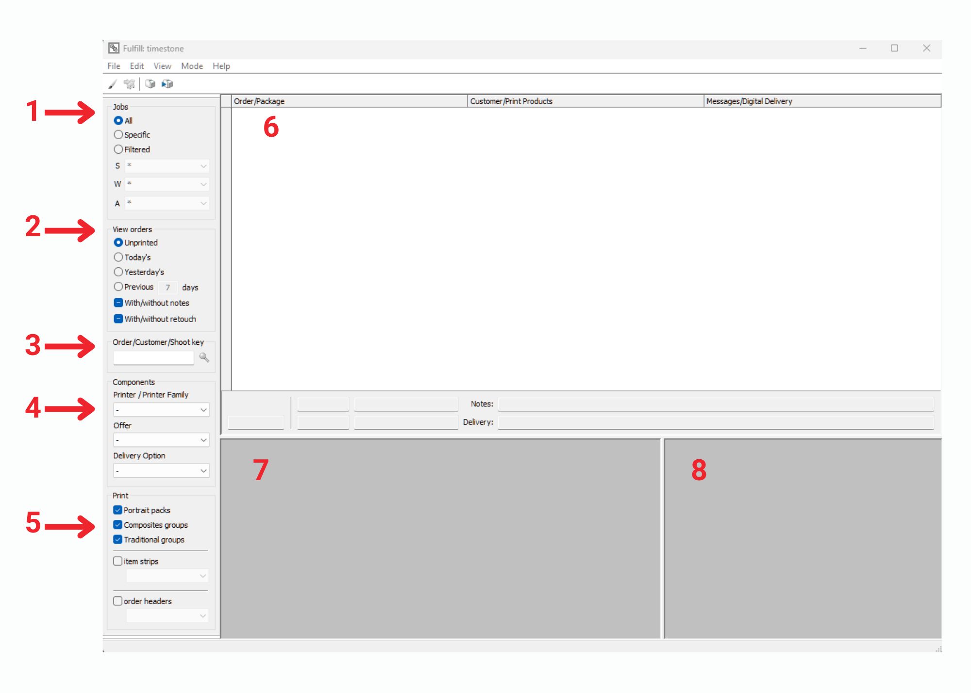 Interface showing job options, order details, and print settings for fulfillment management.