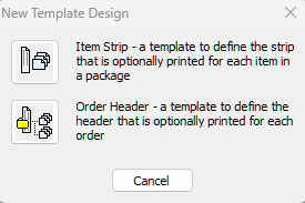 New template design options for item strip and order header in packaging software.