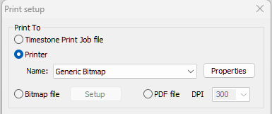 Print setup window displaying printer options and file format selections.