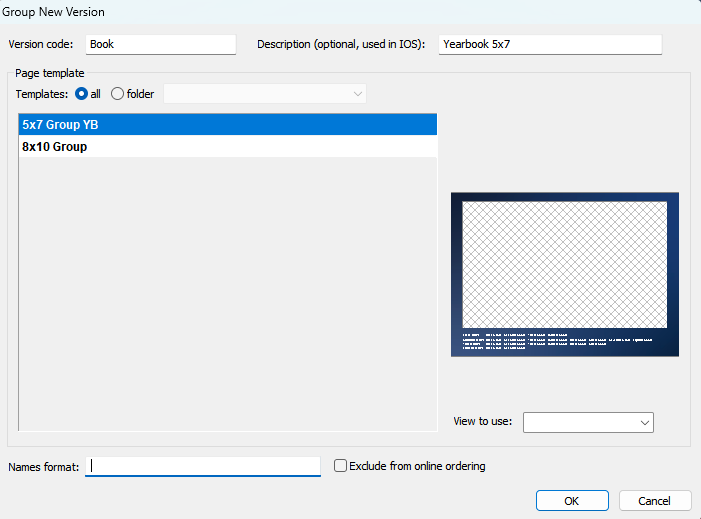 Creating a new version for a yearbook with template options displayed.
