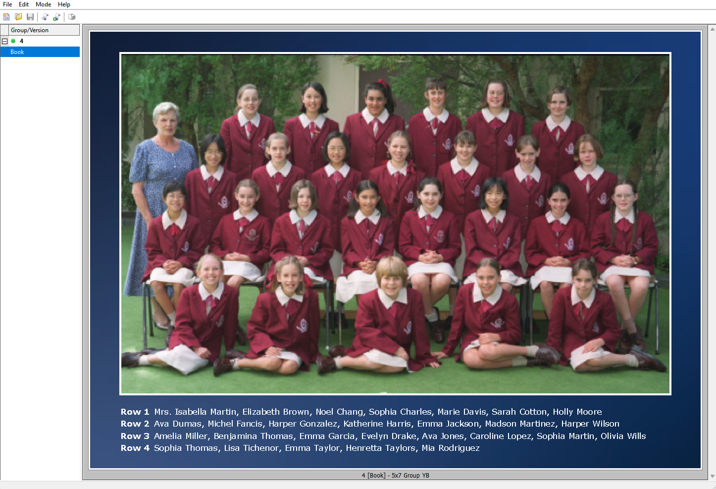 A group photo of students in maroon uniforms with their teacher, smiling together.