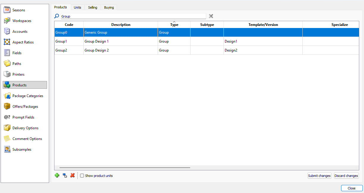 Product management interface displaying various group designs and their details.