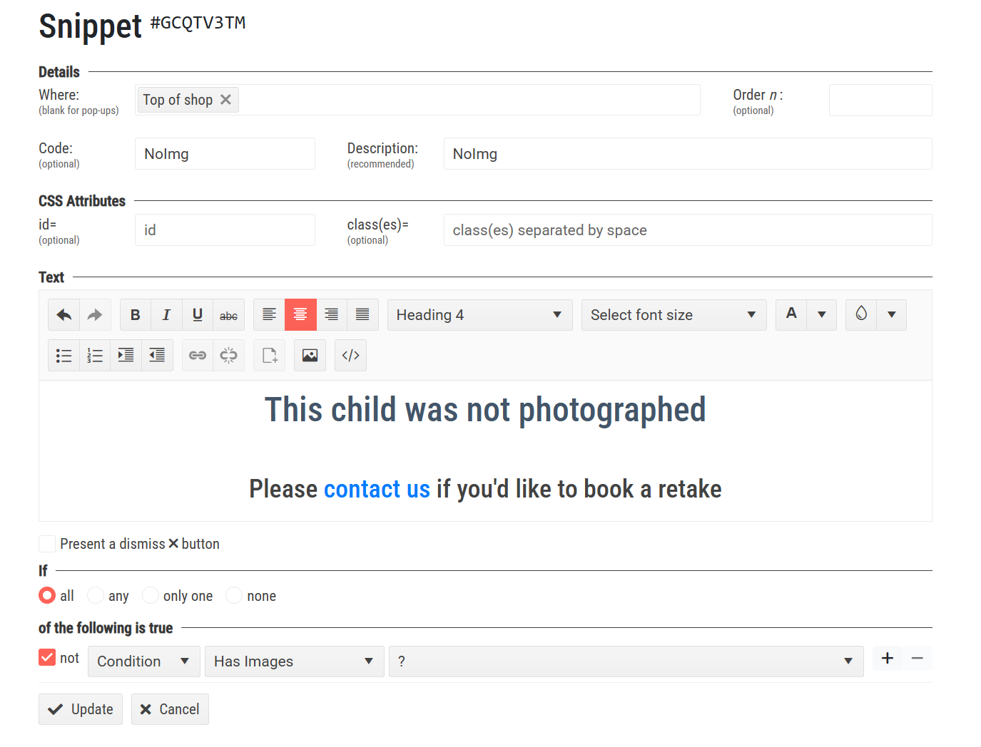 Displaying a snippet when a subject has no images