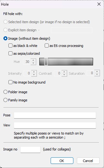 Settings menu for filling holes with various image options and adjustments.