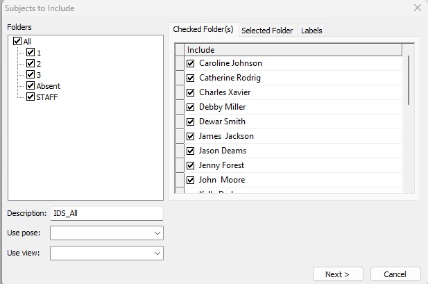 List of subjects with checkboxes for selection in a folder management interface.