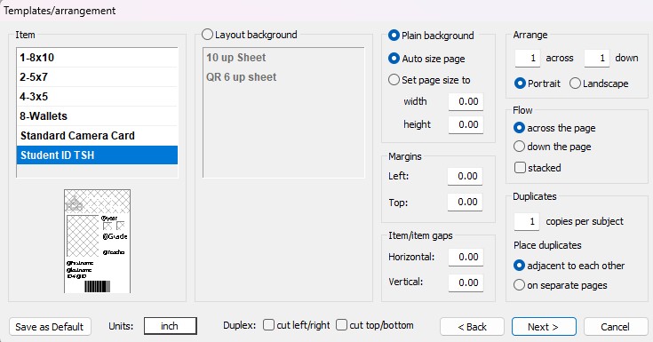 Template settings for printing student ID cards with various arrangement options displayed.