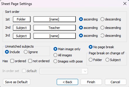 Settings for sorting folders and subjects in a sheet page configuration.